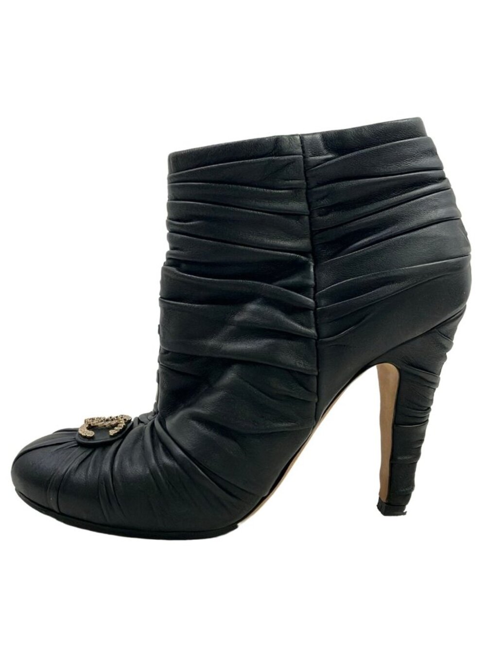 Chanel Short Boots C Black Rhinestone CC Logo Leather 35.5